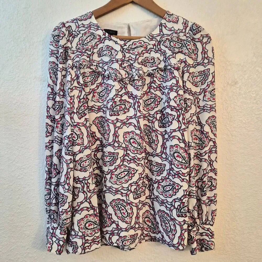 Talbots Red White & Blue Paisley Boho Flowy Long-sleeve Lined Blouse: July 4th